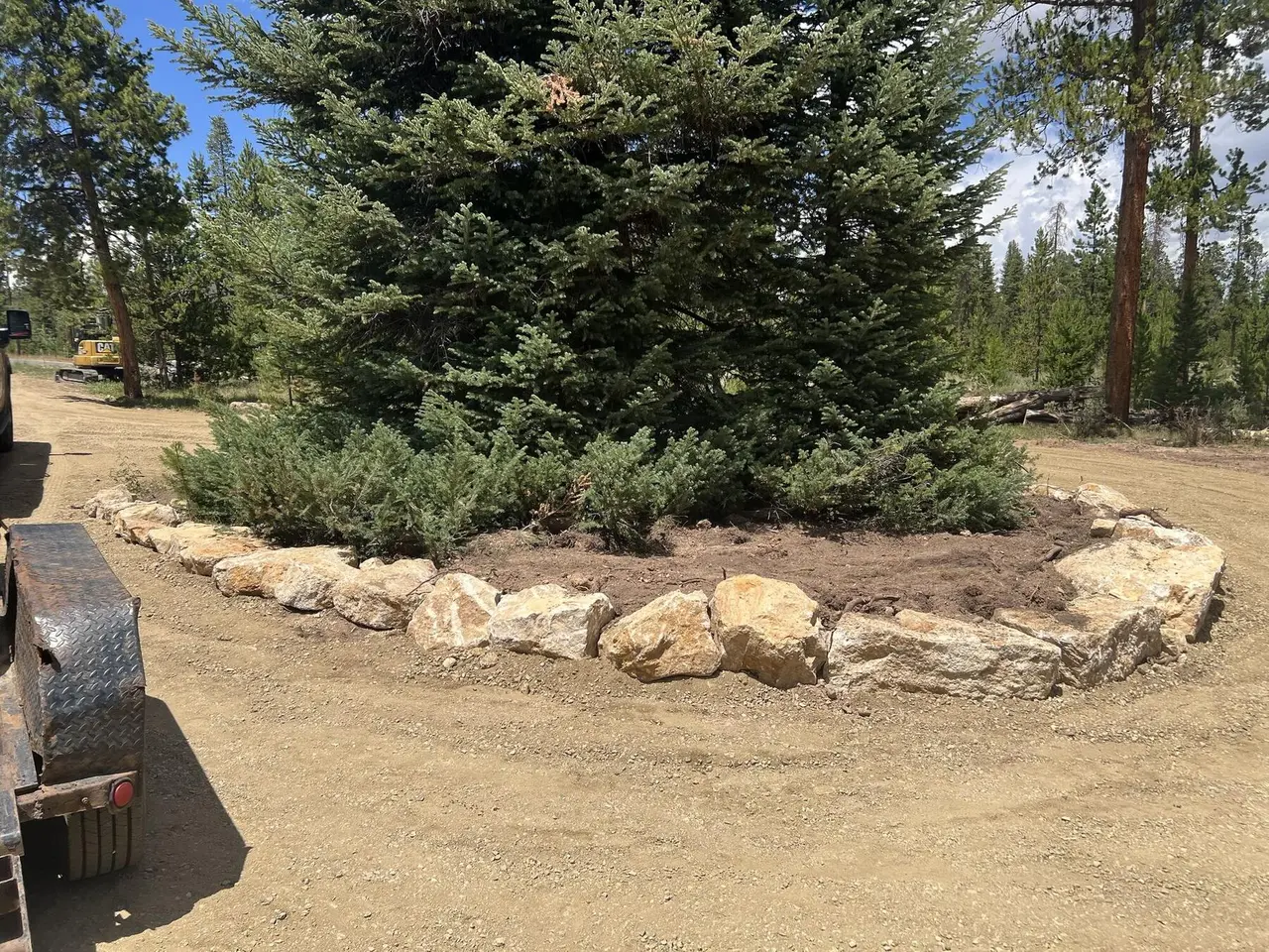 A ring of boulders set around a large spruce tree beside a gravel drive