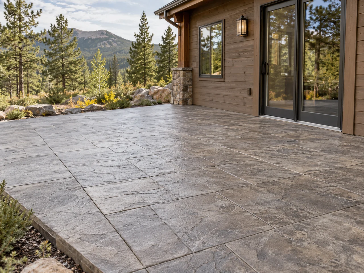 AI illustration of a stamped-concrete patio beside a mountain home
