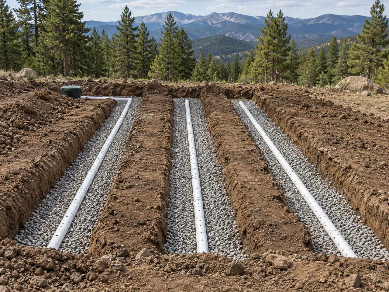 AI illustration of gravel-filled septic leach field trenches in a mountain setting